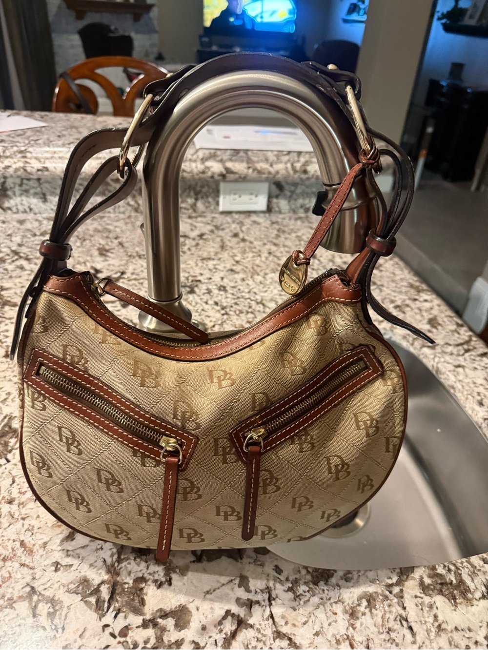 Dooney & Bourke Beige Logo Crescent Shoulder Bag with Brown Trim